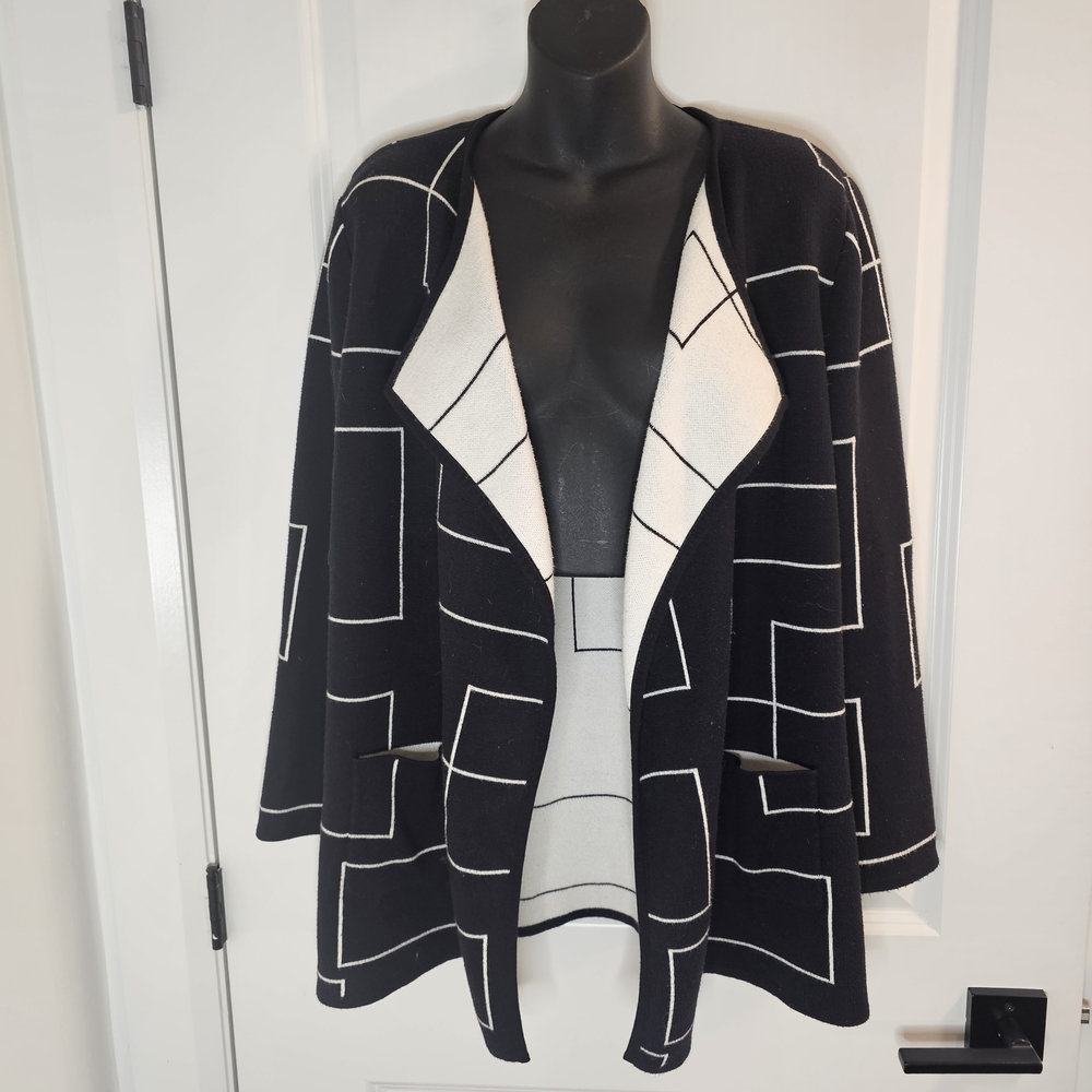 [Alfani] Black & White Geometric Open Front Knit Cardigan Coat Women Small